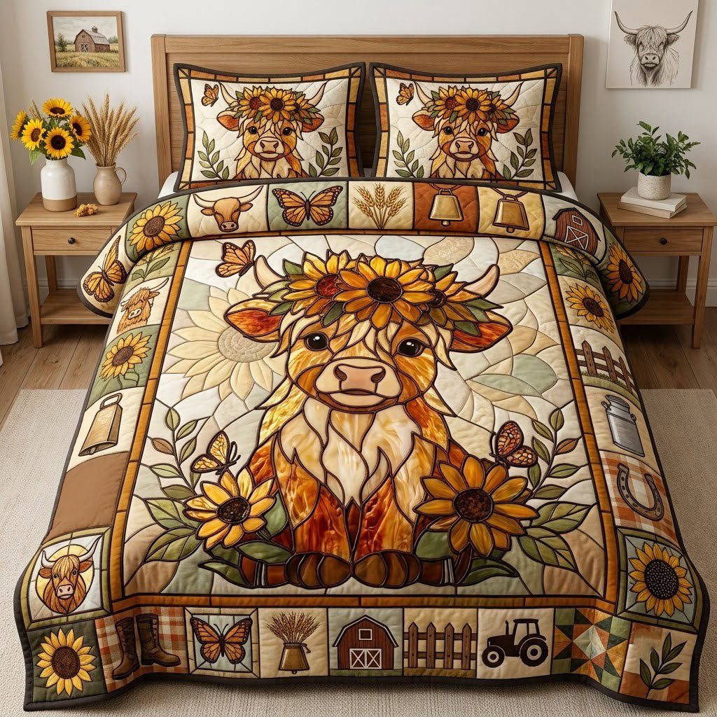 Glass Sunflower Highland Cow quilted 3-piece bedding set on a made bed with two matching pillow shams