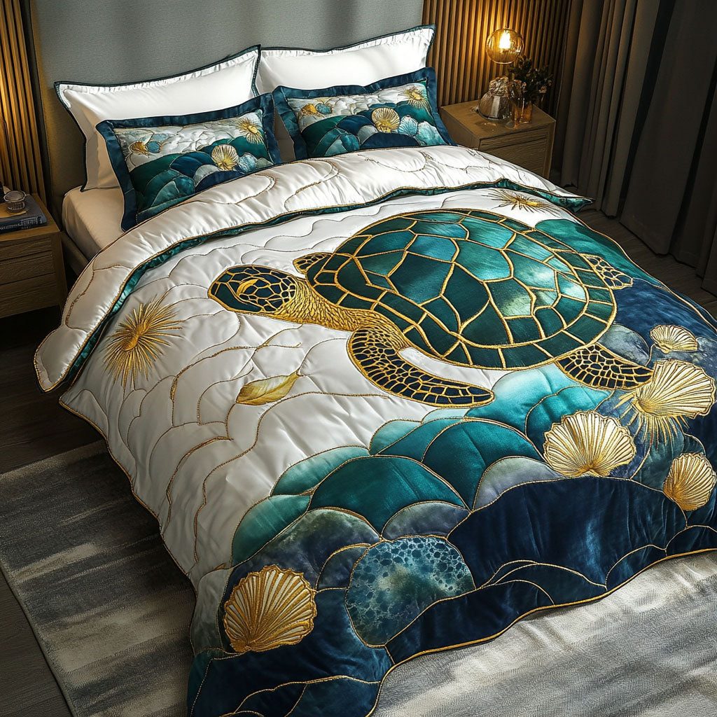 Gliding Through Waves quilted 3-piece bedding set on a made bed in a light coastal bedroom