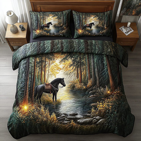 Glimmering Pine quilted 3-piece bedding set on a made bed with two matching pillow shams