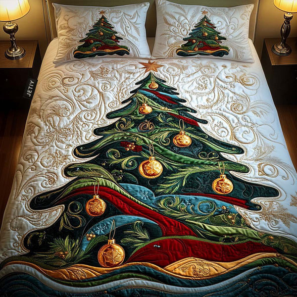 Glistening Tree Of Magic quilted 3-piece bedding set on a made bed with two matching pillow shams
