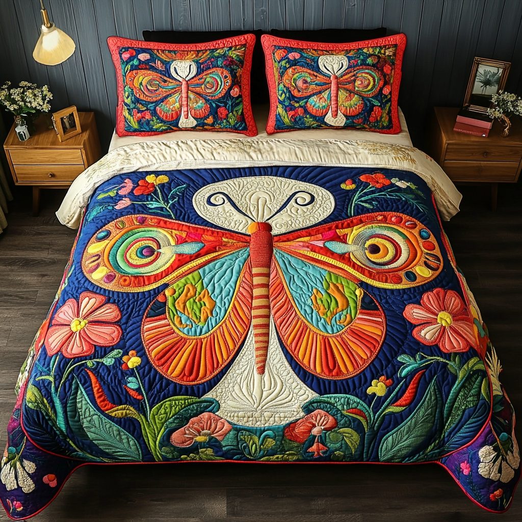 Gloam Drift quilted 3-piece bedding set on a made bed with two matching pillow shams