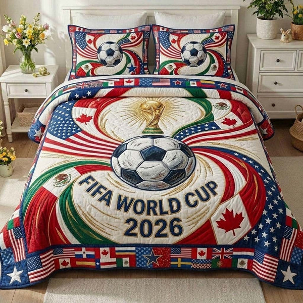 Global Cup Swirl quilted 3-piece bedding set on a made bed with two matching pillow shams