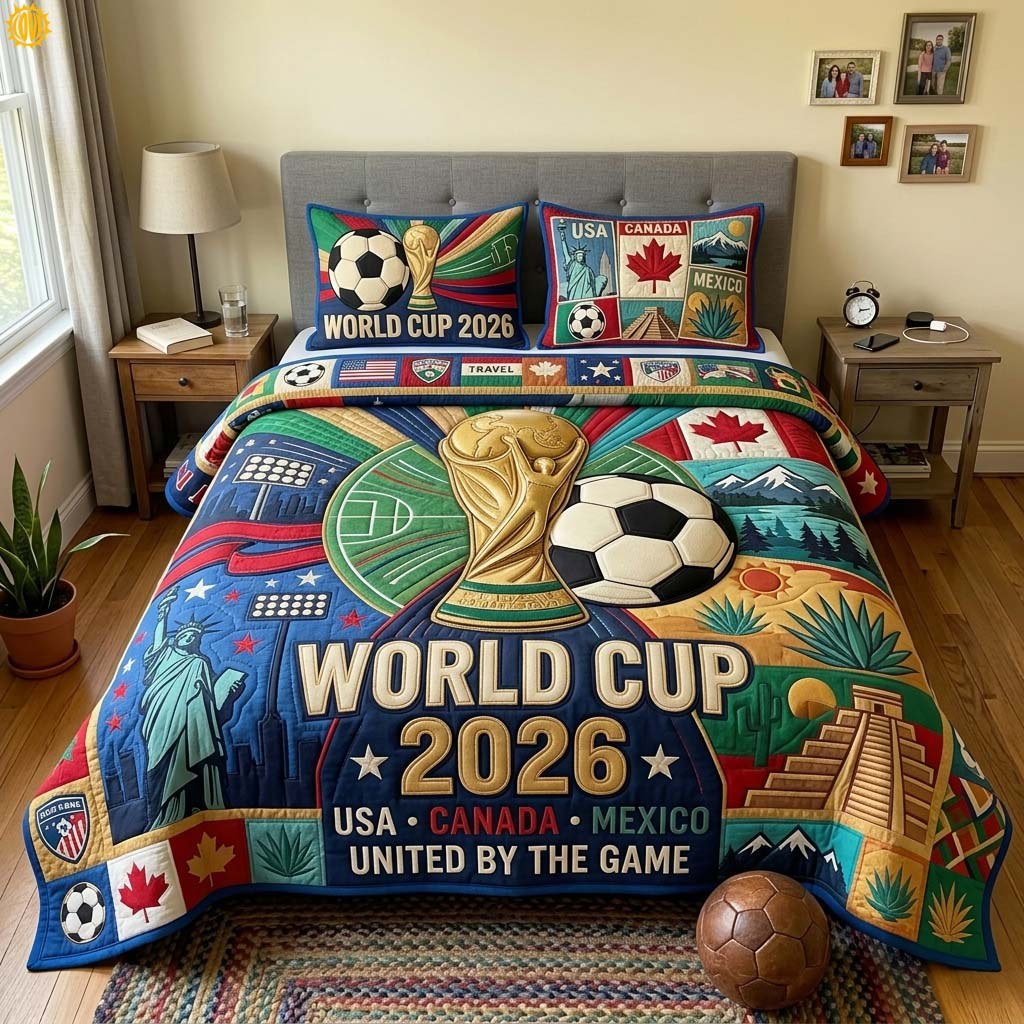 Global Glory quilted 3-piece bedding set on a made bed with two matching pillow shams