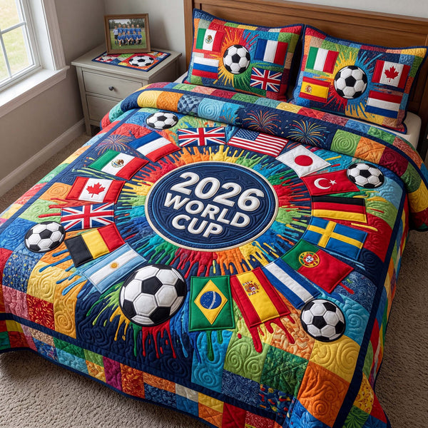Global Kickoff quilted 3-piece bedding set on a made bed with two matching pillow shams