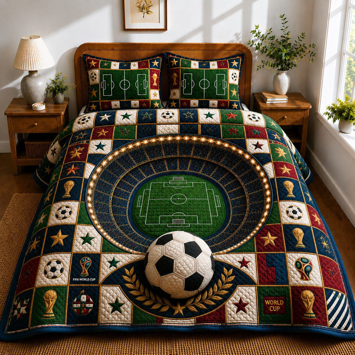 Global Soccer quilted 3-piece bedding set on a made bed with two matching pillow shams