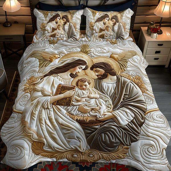 Glorious Christmas quilted 3-piece bedding set on a made bed in a winter-styled bedroom