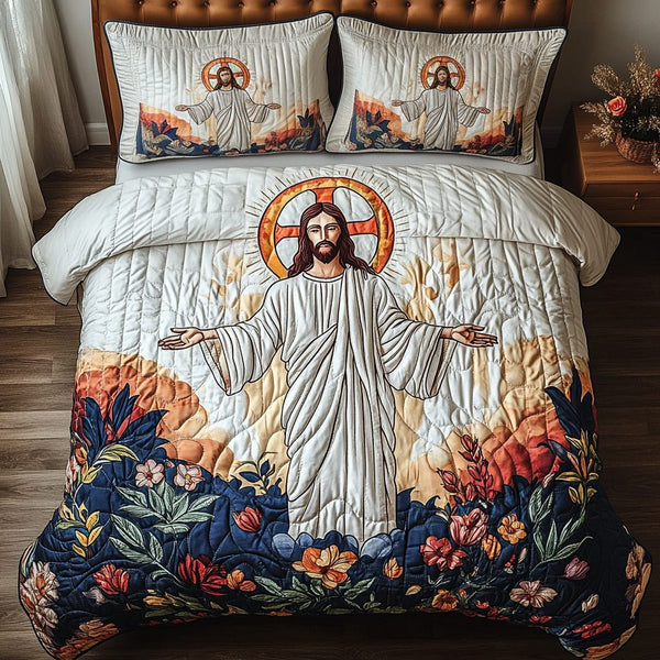 Glory Bloom quilted 3-piece bedding set on a made bed with two matching pillow shams
