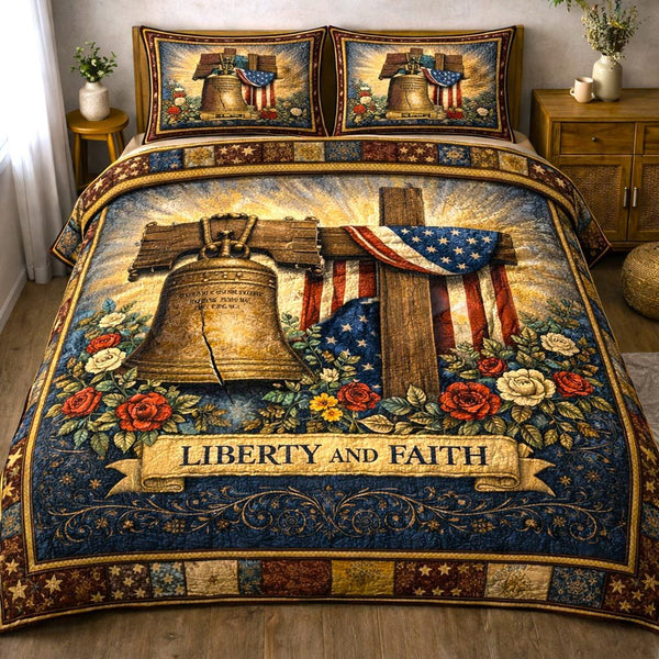 Glory Cross quilted 3-piece bedding set on a made bed in a softly lit bedroom