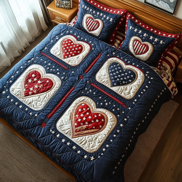 Glory in Red quilted 3-piece bedding set on a made bed with two matching pillow shams