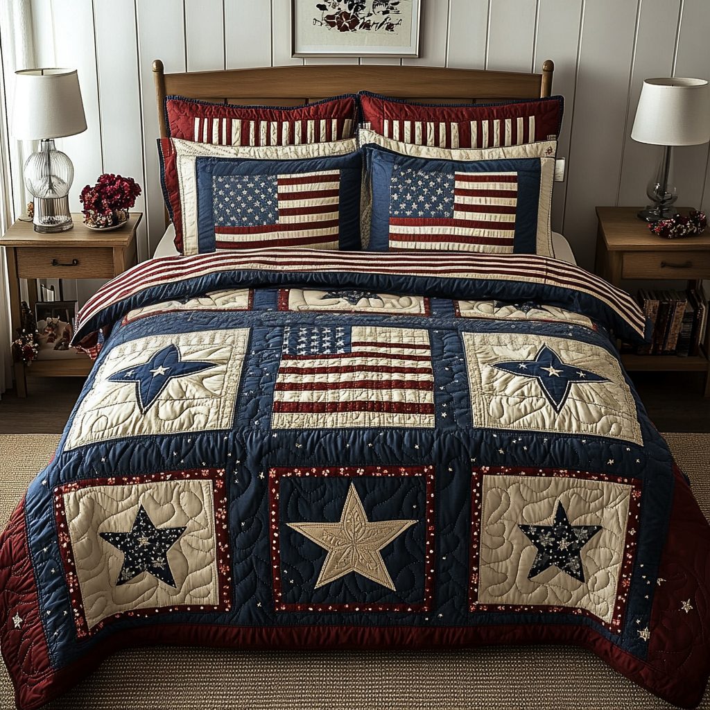 Glory Nights quilted 3-piece bedding set on a made bed with two matching pillow shams
