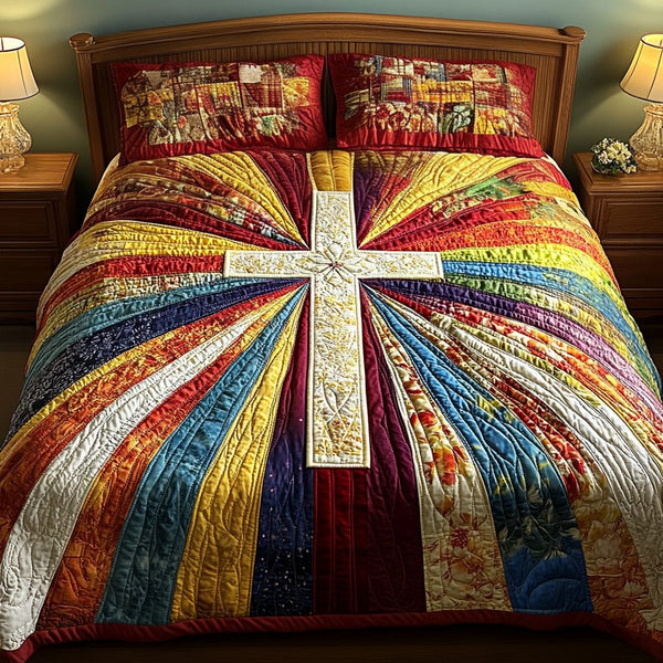 Glory of Faith quilted 3-piece bedding set on a made bed in a softly lit bedroom