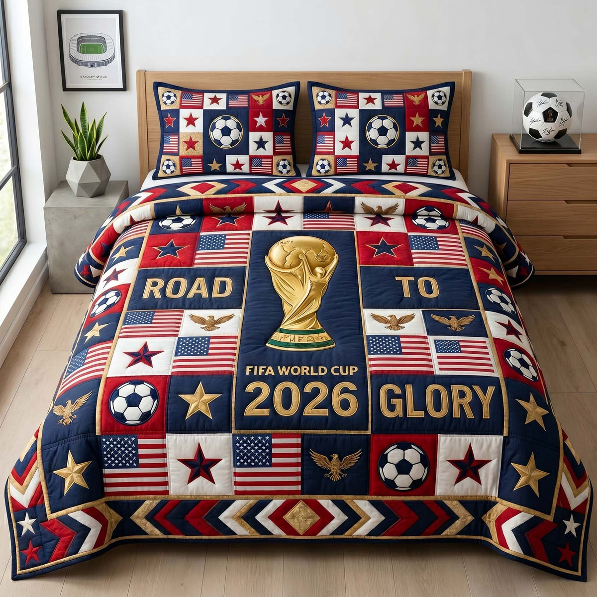 Glory Patch Cup quilted 3-piece bedding set on a made bed with two matching pillow shams