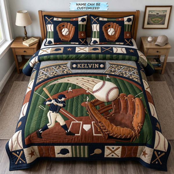 Glove And Glory 3-Piece Quilted Bedding Set quilted 3-piece bedding set on a made bed with two matching pillow shams