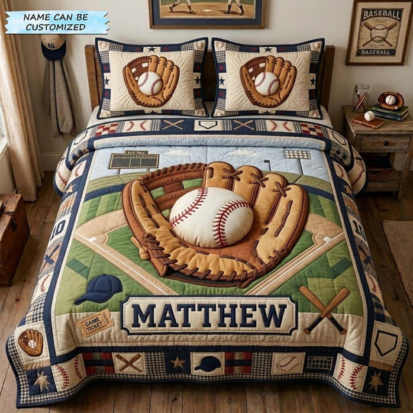 Glove Hero 3-Piece Quilted Bedding Set quilted 3-piece bedding set on a made bed with two matching pillow shams