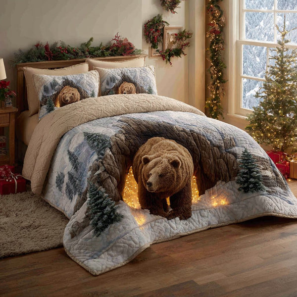 Glow Bear Retreat quilted 3-piece bedding set on a made bed with two matching pillow shams