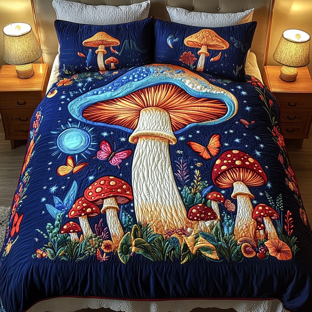 Glow Shroom quilted 3-piece bedding set on a made bed with two matching pillow shams