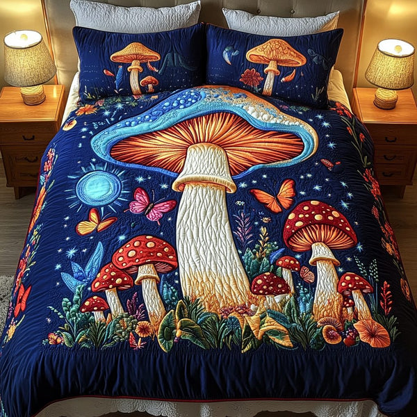 Glow Shroom quilted 3-piece bedding set on a made bed with two matching pillow shams