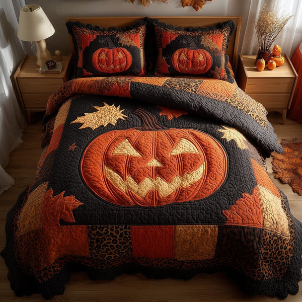 Glowing Eye quilted 3-piece bedding set on a made bed with two matching pillow shams