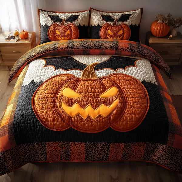 Glowing Eye quilted 3-piece bedding set on a made bed with two matching pillow shams