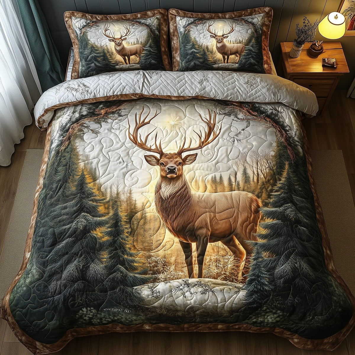 Glowing Forest Deer quilted 3-piece bedding set on a made bed with two matching pillow shams