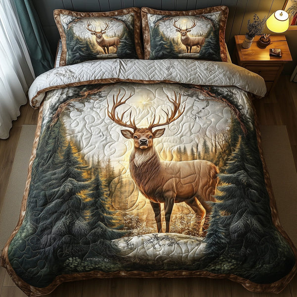 Glowing Forest Deer quilted 3-piece bedding set on a made bed with two matching pillow shams
