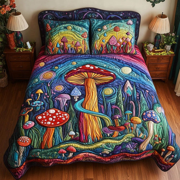 Glowing Grove quilted 3-piece bedding set on a made bed with two matching pillow shams