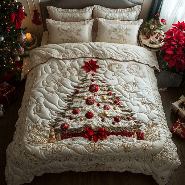 Glowing Pines quilted 3-piece bedding set on a made bed with two matching pillow shams