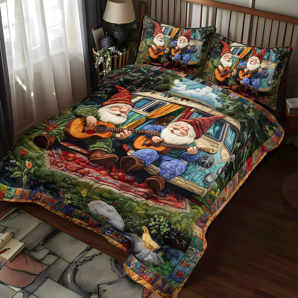 Gnome Acoustic Escape quilted 3-piece bedding set on a made bed in a winter-styled bedroom