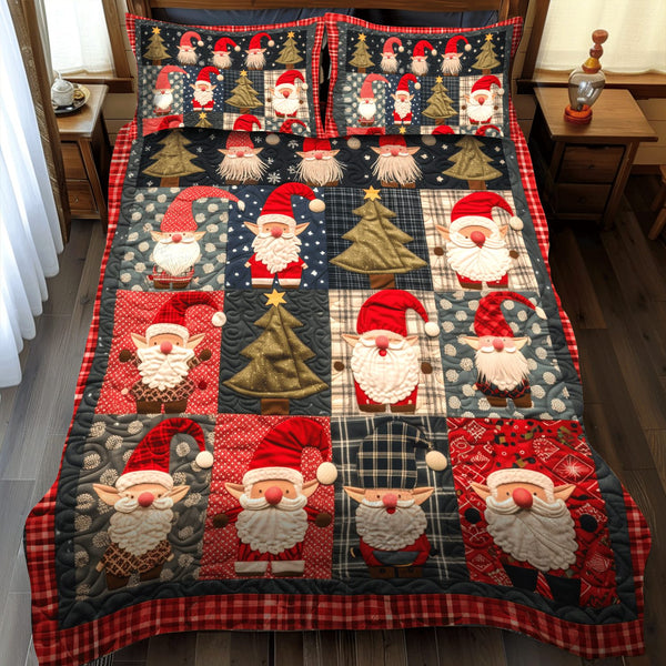 Gnome Adventure quilted 3-piece bedding set on a made bed in a winter-styled bedroom