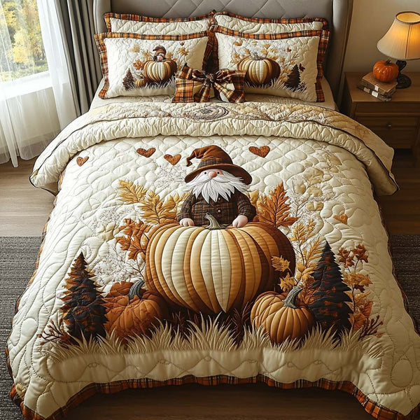 Gnome Autumn Charm quilted 3-piece bedding set on a made bed in a winter-styled bedroom