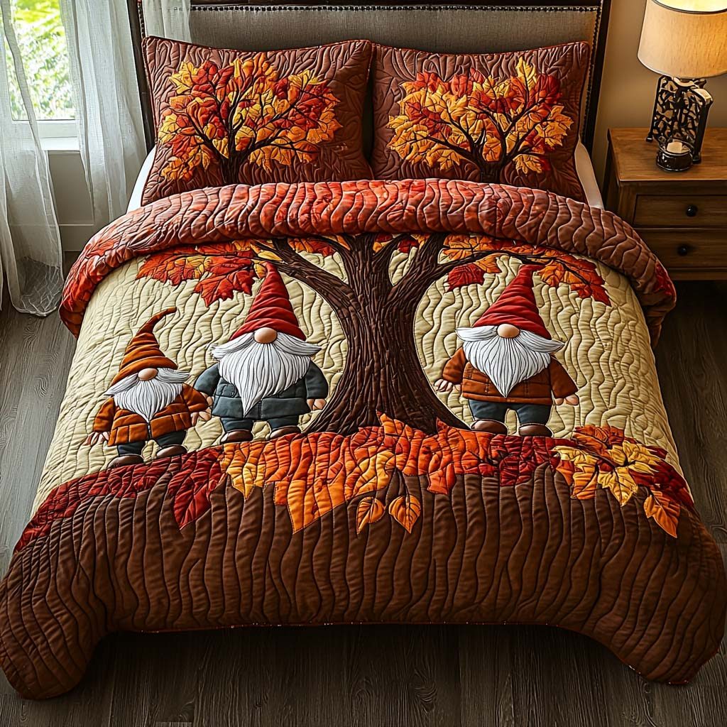 Gnome Autumn Gathering quilted 3-piece bedding set on a made bed in a winter-styled bedroom