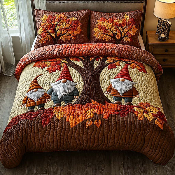 Gnome Autumn Gathering quilted 3-piece bedding set on a made bed in a winter-styled bedroom