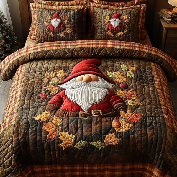 Gnome Autumn Leaves quilted 3-piece bedding set on a made bed in a winter-styled bedroom