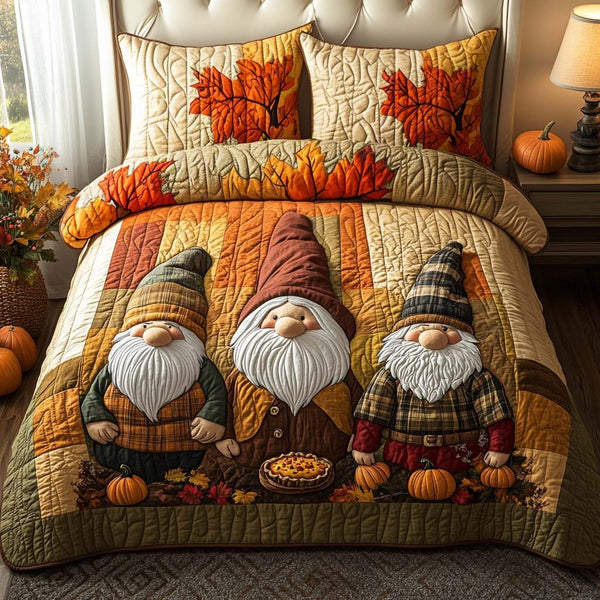 Gnome Autumn Parade quilted 3-piece bedding set on a made bed in a winter-styled bedroom
