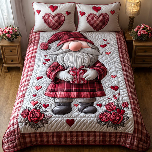 Gnome Charm quilted 3-piece bedding set on a made bed in a winter-styled bedroom