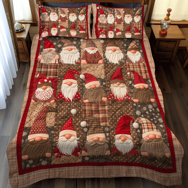 Gnome Cottage quilted 3-piece bedding set on a made bed in a winter-styled bedroom