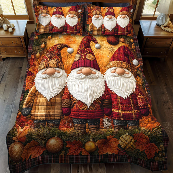 Gnome Delight quilted 3-piece bedding set on a made bed in a winter-styled bedroom