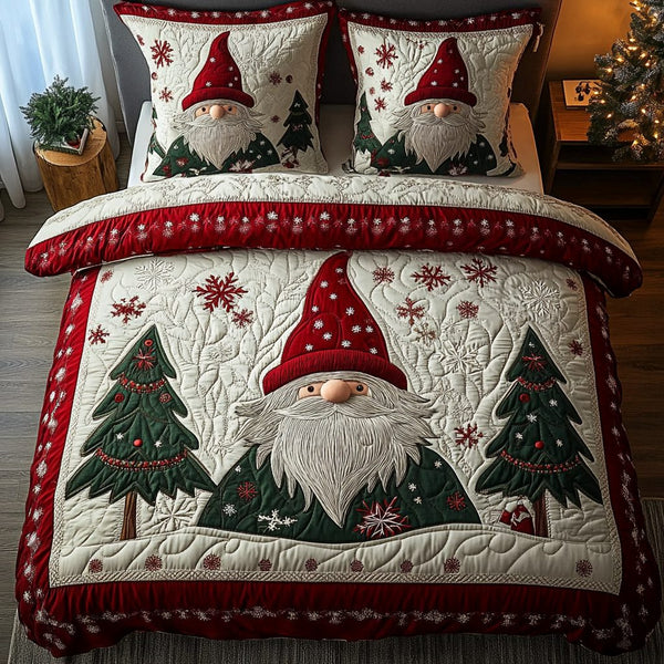 Gnome Dreams quilted 3-piece bedding set on a made bed in a winter-styled bedroom