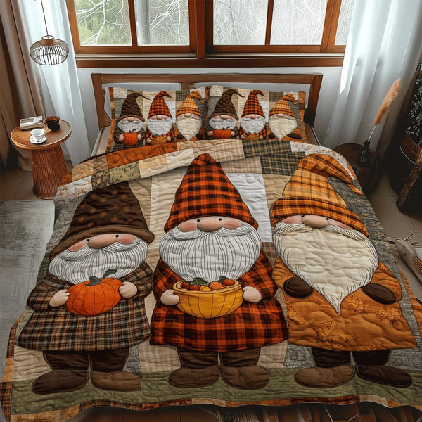 Gnome Fall Fest quilted 3-piece bedding set on a made bed in a winter-styled bedroom