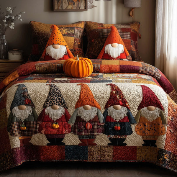 Gnome Family quilted 3-piece bedding set on a made bed in a winter-styled bedroom