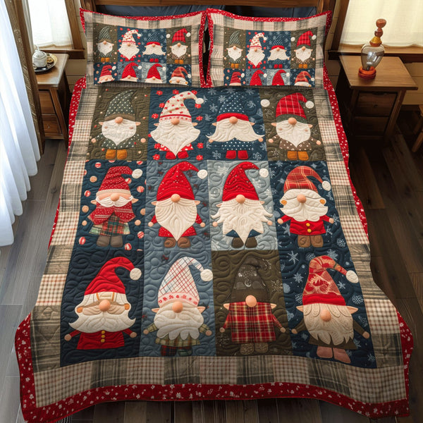 Gnome Family quilted 3-piece bedding set on a made bed in a winter-styled bedroom