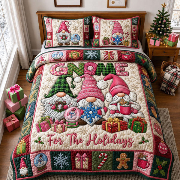 Gnome for the Holidays quilted 3-piece bedding set on a made bed in a winter-styled bedroom