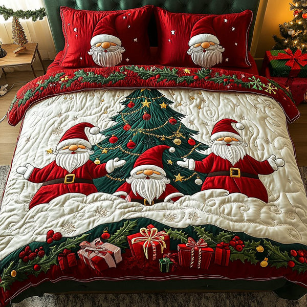 Gnome for the Holidays quilted 3-piece bedding set on a made bed in a winter-styled bedroom