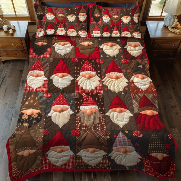 Gnome for the Holidays quilted 3-piece bedding set on a made bed in a winter-styled bedroom