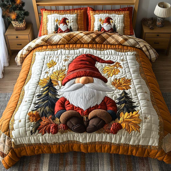 Gnome Forest Warmth quilted 3-piece bedding set on a made bed in a winter-styled bedroom