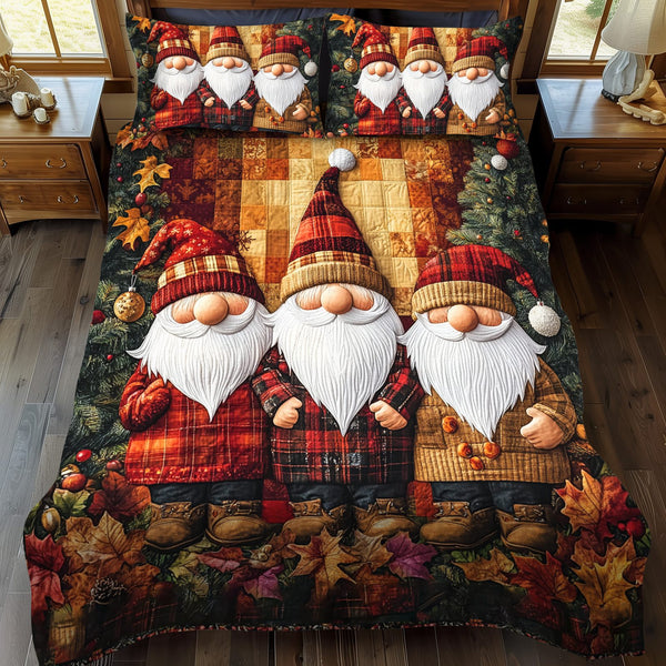 Gnome Gather quilted 3-piece bedding set on a made bed in a winter-styled bedroom