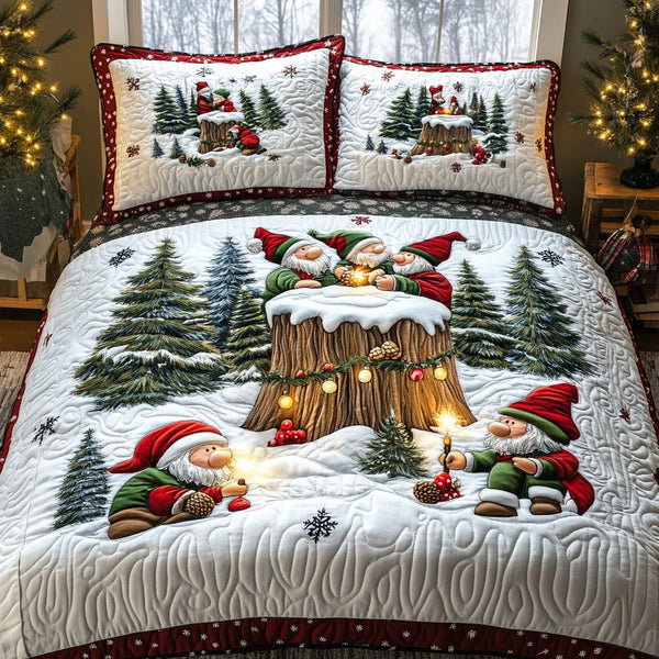 Gnome Gathering quilted 3-piece bedding set on a made bed in a winter-styled bedroom