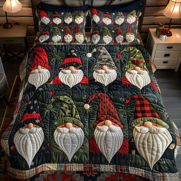Gnome Gathering quilted 3-piece bedding set on a made bed in a winter-styled bedroom
