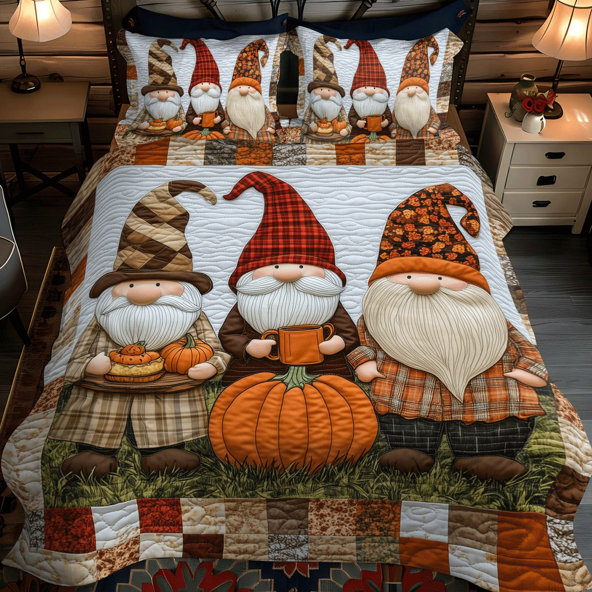 Gnome Grove quilted 3-piece bedding set on a made bed in a winter-styled bedroom