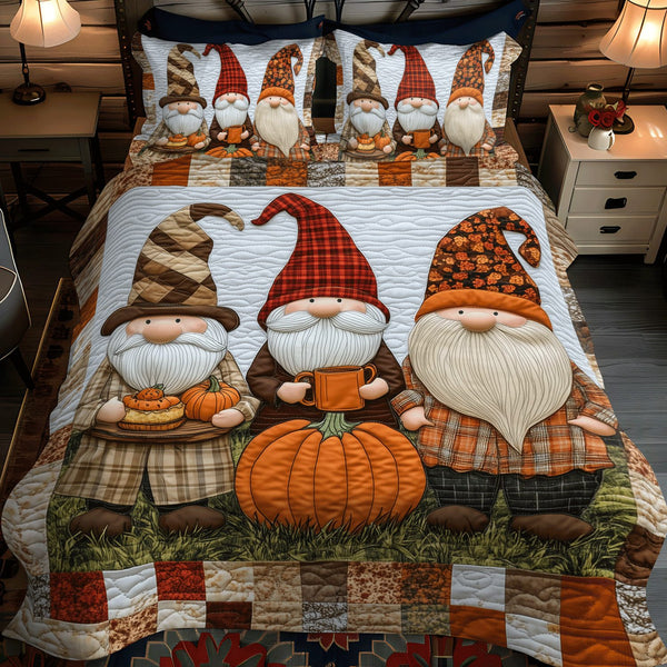 Gnome Grove quilted 3-piece bedding set on a made bed in a winter-styled bedroom